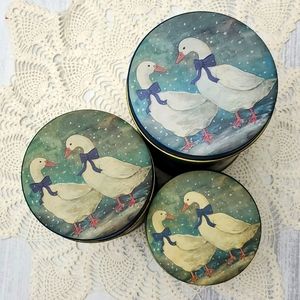 Vintage Emson Winter Blue Bowed Geese Tin Canester Set of 3